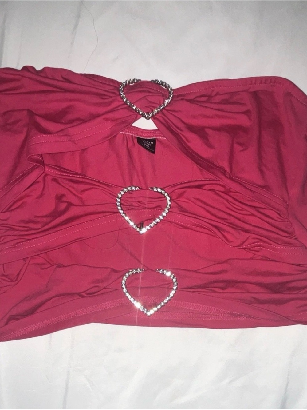 SHEIN Hot Pink Strapless Crop Top with Rhinestone Heart Accents